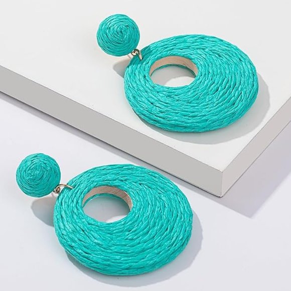 Teal Blue Rattan Earrings Chunky Wicker Raffia Dangle Hoop Beachy Vacation New - Picture 3 of 8